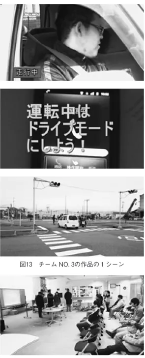 図 チーム NO．の作品の シーン 図 チーム No．による撮影（上）と成果報告 （下）の様子 表現方法の再検討や，携帯電話の着信時の絵柄の著作権処理など，考慮すべきことの多さと深刻さを知り，見識を広げる学習ができ た。図 にCMのシーンを，また図 に撮影の様子と報告会の様子を示す。 ）受講生全員による「交通ルールを守ろう」秒のCM 時間枠に収まるオリジナル曲を徳島 ご当地グルメユニットである石焼いも子さんに作ってもらい，歌ってもらった。そして，このリズムにあわせて全席シートベルト着用の様子，安全なスピード