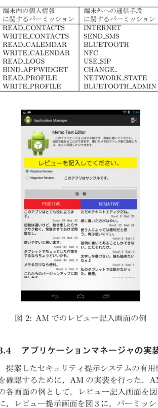 図 2: AM でのレビュー記入画面の例 3.4 アプリケーションマネージャの実装 提案したセキュリティ提示システムの有用性 を確認するために， AM の実装を行った． AM の各画面の例として，レビュー記入画面を図 2 に，レビュー提示画面を図 3 に，パーミッショ ン提示画面を図 4 にそれぞれ示す． レビュー記入画面は，アプリのアイコン，名 前，説明に併せて，新規レビューの記入と既存 レビューへの賛否入力とに分けて提示する．レ ビューには Positive または Negative の 2 種類が あ