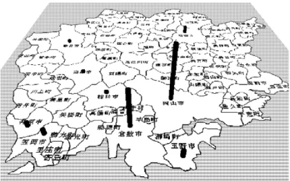 図 5. 地図のイメージファイルを用いた地図グラフ（岡山県の市町村人口） ． 図 6. VRML による地図（左）を使った 2 種類の地図グラフ（札幌市の区民人口） ． 3.2 データマイニングにおける解析結果表示法への応用 データマイニング手法のうち，POS データの同時購買の傾向を解析する手法は，マーケッ トバスケット分析と呼ばれている．この手法では商品の同時購買のされやすさが相関ルール (association rule) として得られる．一般に相関ルールは X ⇒ Y いう形式で構成されており， ル