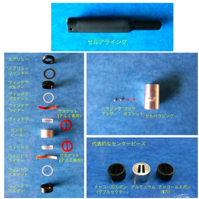 図 3：超遠心分析に用いるセル。セルアセンブリー（左）をセルハウジング（真中右）に セットし、プラグで蓋をする。 （最上）ローターへのセルのセットや位置合わせ、セルハウ ジングから各パーツの押し出しなどに使うセルアライング。 （右下）センターピースの代表 例。42000rpm よりも高速の回転の場合にはアルミニウムのセンターピースを用いる。6 欠 セルは同時に 3 種類の試料が測定できる。 