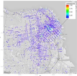 図 5: サンフランシスコにおけるツイートの地理的分布． からも発信される． そこで，本稿では，その場所においてだけでなく，異なる場 所からもよく参照される場所を判定するための尺度として，間 接的可視率を算出する．間接的可視率は，ある場所について， その場所とは異なる場所から参照しているツイート数に基づき 算出される．具体的には， 3.1 節で抽出した訪問人気度が高い 場所について，コンテンツ中で発言しているツイートの位置情 報と場所の位置情報との平均距離を求める．平均距離が大きい とき，その場所は地理社会