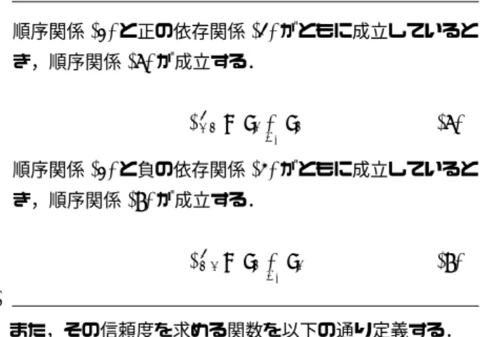 表 6 順接関係の抽出パターン ⟨ (e a /属性表現)[ので/助詞] ⟩⟨ (e a ′ /属性表現) ⟩ ⟨(e a /属性表現)[から/助詞]⟩⟨(e a ′ /属性表現)⟩ れは，あるオブジェクトについて人々がよく比較対象としてあ げるオブジェクトが比較対象である可能性が高く，かつ，それ らは互いに類似しているという仮定に基づいている． 順序関係集合を Π とする．順序関係 π k i,j = o i ≻ a k o j が推定 されたとき， π k i,j の信頼度を求める関数 rel orde