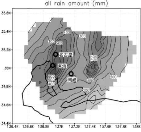 Fig. 2 Spatial distribution of 48-hour rainfall (mm) from 00 JST on September 11, observed by 48 rain stations in Aichi Pref.
