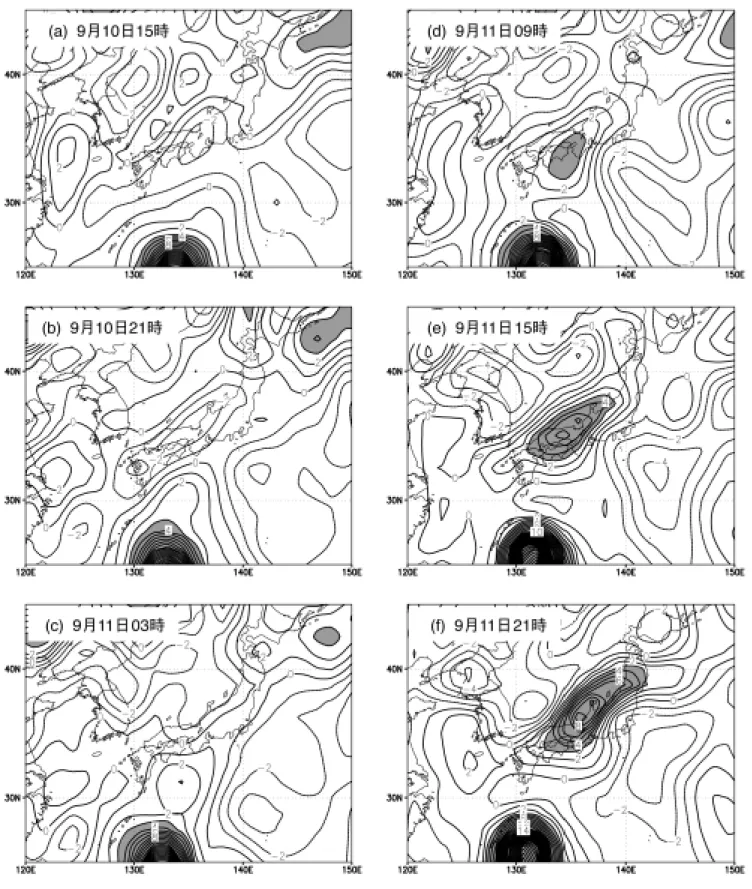 Fig. 7 Relative vorticity (10 -5 s -1 ) at 850 hPa from 09JST, Sept. 10, 2000 to 21JST, Sept