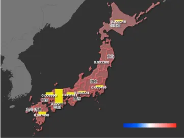 図 6 「台風」8 地方区分可視化結果 図 7 「台風」47 都道府県可視化結果 以上の結果から，感情スコアや関心度に地域差がある事柄が 存在することがわかった．特に，地域の関心度は，対象が地域 に存在するかどうかや，対象が地域に対して影響を及ぼしてい るかどうかよって，変化することがわかった．また，本研究で は， 2015 年 5 月 1 日から 2016 年 1 月 31 日までに投稿された 位置情報が付与されたツイートを用いて実験を行ったが，言及 しているユーザの人数が少なく，感情スコアや関心度を算出