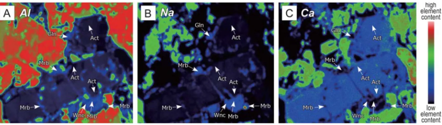 Fig. 6        Color compositional maps of sodic and sodic-calcic amphibole occurring at the rim of the actinolite shown in Fig