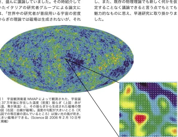 図 1 宇宙観測衛星 WMAP によって観測された、宇宙誕 生 37 万年後に存在した温度（密度）揺らぎ（上図：赤が 低温、青が高温）と、その揺らぎから生成された磁場の想 像図（右図：白線が磁場）。温度の勾配が大きいところ（天 気図での等圧線の混んでいるところ）は強い光の風が吹き、 大きい磁場ができる。（Science 誌 2006 年 2 月 10 日号 に掲載） ●はじめに 宇宙では星・銀河・銀河団など様々なスケールで磁場が存在することが知られています。宇宙での磁場は、これらの天体の構造を形成する過程に