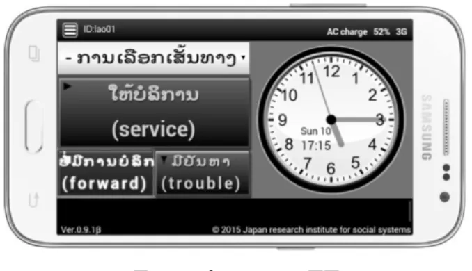 図 2 アプリケーション画面 4. 1. 2 バスから取得するデータ バスに設置されたスマートフォンから約 1 秒毎に以下のデー タが，サーバに送信される． • 管理者が作成したバスアカウントの ID ． • バスの運行状態． • スマートフォンが取得した緯度・経度． • 管理者が作成した路線の ID ． • 座標の誤差の大きさ． • 速度．単位は m/s ． • 北を 0 とした向き． 0 から 359 までの値を取得できる． • バッテリー残量． 0 から 100 までの値を取得できる． • バッテリー