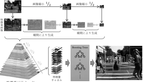 図 3 ACF による特徴量ピラミッドの構築と Boosting Trees を用いた歩行者検出の流れ