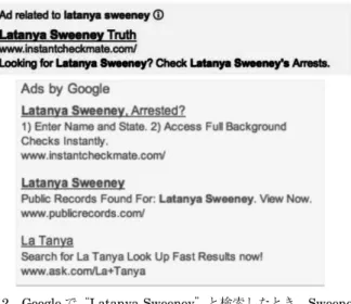図 2  Google で“Latanya Sweeney”と検索したとき，Sweeney さん自身の逮捕歴がないにもかかわらず， “Arrested?”（逮 捕）と出る広告があった．図は [Sweeney 13] より引用＊4  https://www.fatml.org/＊5  https://www.fatconference.org/ 学会の動画が https://www.youtube.com/channel/UCs16j6ot-CYq-ZqYpO-vqMg/videosで閲覧可能である．＊6  
