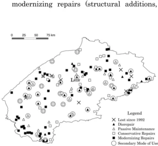 Figure 3. Observed patterns of maintenance and use of  sampled wooden churches located on the map of Lviv 