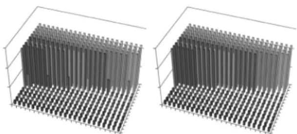 図 3:  衝撃波面が階段状に見える数値解の例（空間 2 次元問題の数値解を 3 次元グラフで表現） 　有限体積近似の意味から考えれば、各有限体積での 数値解の値は当該有限体積での厳密解の平均値となる ことが理想であると考えられる。図 4 がこの数値解の 様子を表している。 図 4: 各有限体積で厳密解の平均値をとる数値解 　このような数値解であれば衝撃波面が階段状に見え る現象はかなり緩和される。しかしながら、衝撃波捕 獲を鈍化させずにそのような数値解を与えるスキーム は未だ得られず、数値解が鈍化するかそ