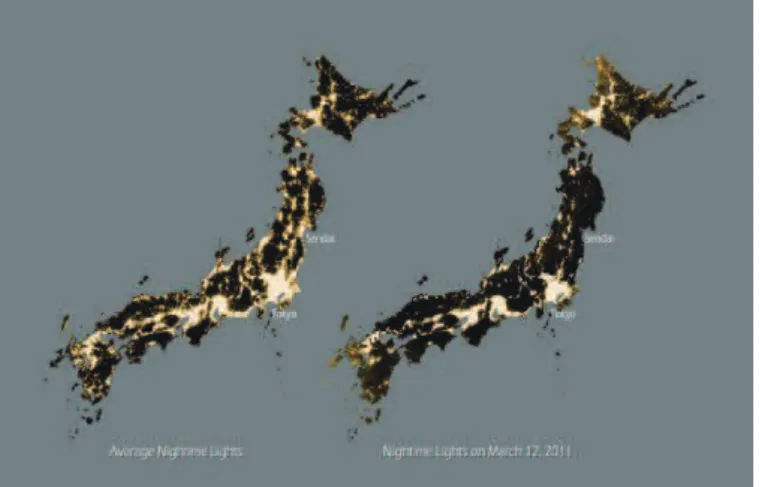 Figure 5. A Satellite Image to Show the Power Shortage in Japan (Left: before March 11,  2011; Right: after March 11, 2011)