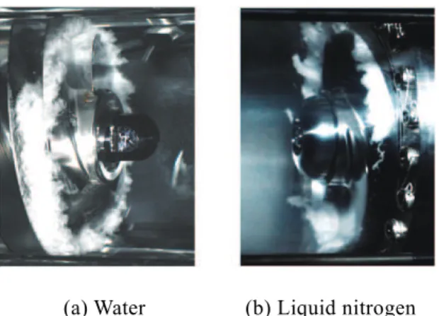 Fig.  1    Flow visualizations of cavitation around the  same inducer for the same cavitation number, the same  rotational speed and the same flow rate  (7)