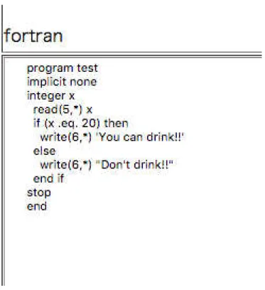 図 3.3: 変換された Fortran のソースコード例 3.4 機能 3: 演習型授業での効率化 演習型の授業では考える時間を設けるためにプログラムの思考・作成以外の効率化が 重要である。 Scratckly は同一画面で問題の表示、ブロック型プログラムの作成、テキス ト型プログラムの表示・実行、実行の際に必要な入力、プログラムの正誤判定が可能で ある。 プログラムの実行例を図 3.4 に示す。図 3.4 に表示されているプログラムは図 3.3 で示 したプログラムである。 Fortran のソースコー