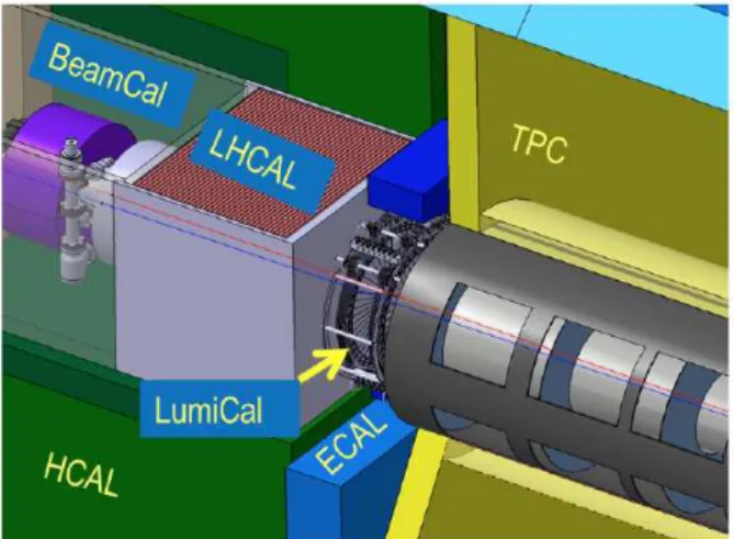 図 1.13: 前方検出器の外観図 BeamCal Beamstrahlung による低エネルギーの電子・陽電子ペアが BeamCal (図 1.15) でエネル ギーを落とすことになる。これによりバンチ毎のルミノシティの見積もりや、ビームサイ ズの測定が可能となる。BeamCal はセンサーとタングステンから成るサンプリングカロ リメータであり、放射線は 1 年間で数 MGy にも及ぶため、放射線に強いセンサーが不可 欠となる。BeamCal はビーム軸からの角度 5∼40 mrad の範囲をカバーしてい
