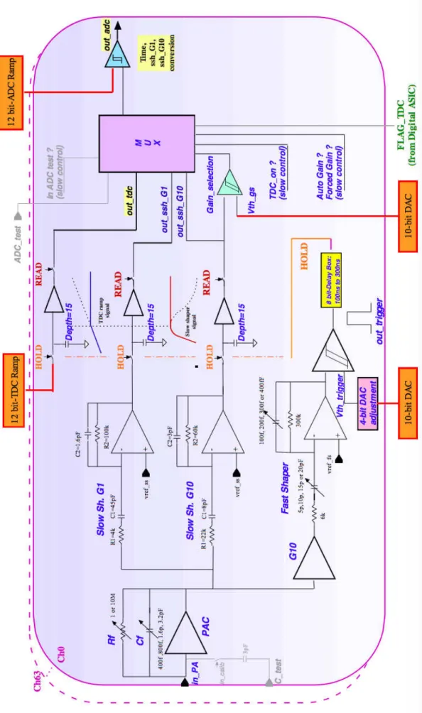 図 3.1 SKIROC2 のアナログ部の回路図。左から右に信号が流れていく。
