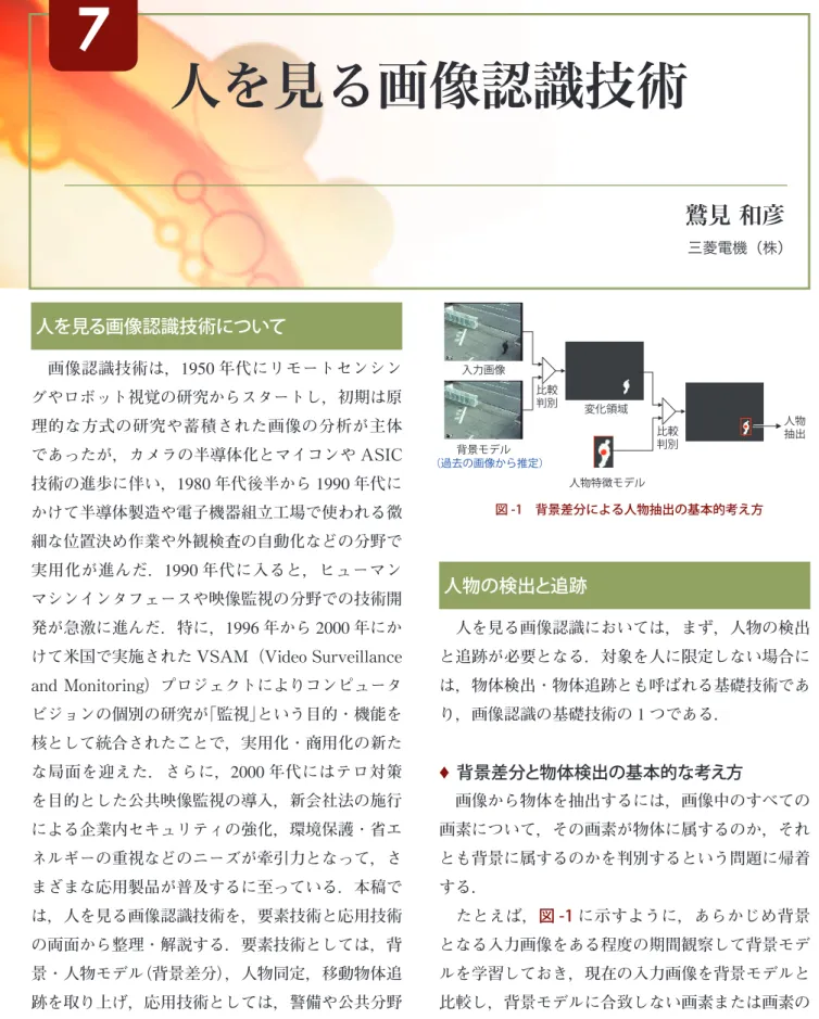 図 -1　背景差分による人物抽出の基本的考え方人を見る画像認識技術について 画像認識技術は，1950年代にリモートセンシングやロボット視覚の研究からスタートし，初期は原理的な方式の研究や蓄積された画像の分析が主体であったが，カメラの半導体化とマイコンやASIC技術の進歩に伴い，1980年代後半から1990年代に かけて半導体製造や電子機器組立工場で使われる微 細な位置決め作業や外観検査の自動化などの分野で 実用化が進んだ． 1990 年代に入ると，ヒューマン マシンインタフェースや映像監視の分野での技術開 