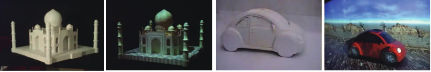 図 -4　Shader Lamps：（a） 白色建築模型，（b） ある光源下での見えをテクスチャ投影，（c） 白色自動車模型，（d） 走行中の見えをテクスチャ 投影（Image courtesy of Ramesh Raskar, MIT）