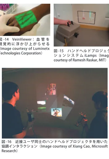 図 -16　近接ユーザ同士のハンドヘルドプロジェクタを用いた 協調インタラクション（Image courtesy of Xiang Cao, Microsoft  Research）図 -13　光学的補正技術を適用した物理書類透明化：（a） 書類の上に触れると，（b） 掌が触れた領域が透明化する（画像提供：大阪大学 佐藤宏介研究室）とで，書類探索効率を向上させるシステムを構築した（図 -13）． 視覚増強 --- 実対象表面で生じている，人間の視覚では知覚できない物理現象を外部センサにより取得し，それを直接