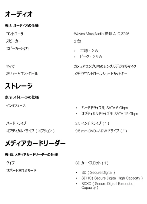表 8. オーディオの仕様