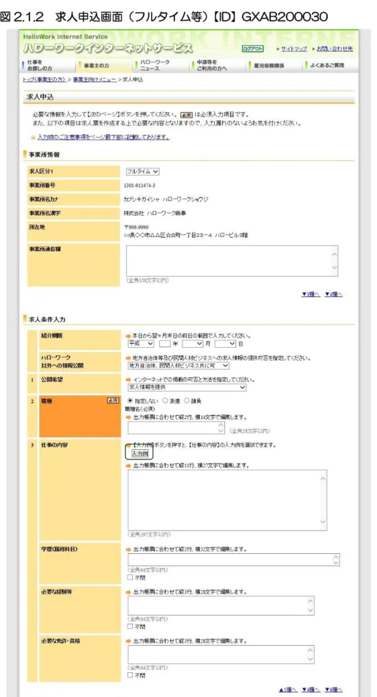 図 2.1.2  求人申込画面（フルタイム等）【ID】GXAB200030 