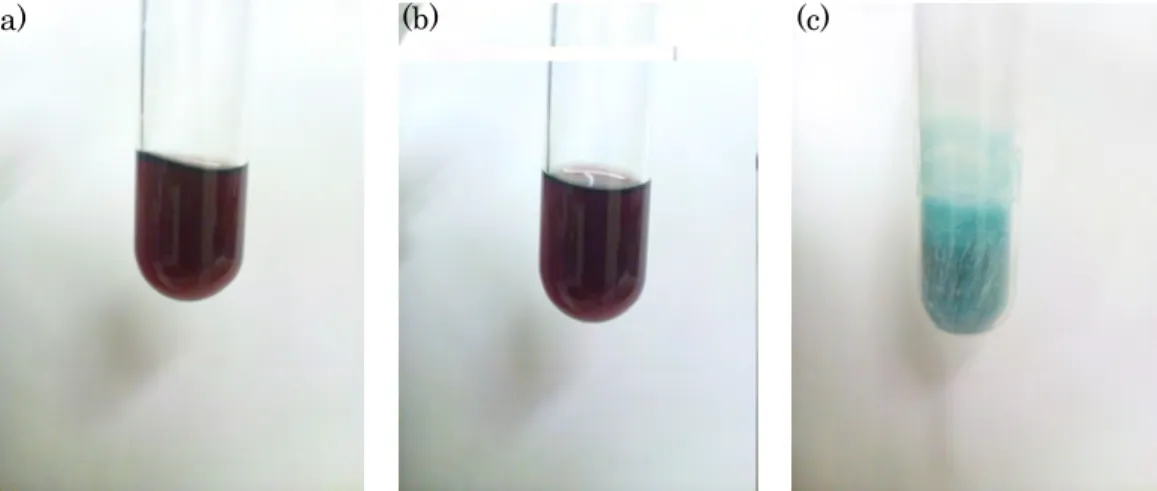 Figure 19. Colors of (a)CH 2 Cl 2  solution of [Fe(obppz)Cl] at R.T., (b)CH 2 Cl 2  solution    of [Fe(obppz)Cl] with excess amount of 4-CNPy at R.T., and (c)CH 2 Cl 2  solution of    [Fe(obppz)Cl] with excess amount of 4-CNPy at liquid nitrogen temperatur