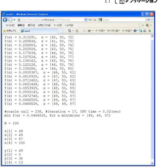図 5.5. 開発したオンラインソルバ ( シフトスケジューリング問題の出力 ) 1 2 3 4 5 6 7 8 9 10 11 12 13I1I2I3I4 図 5.6. シフトの例 となる．文献 [41] に従い，サービスレベルを一定の水準 s に保ってオペレータの人数を最小 化する問題 Minimize ∑ k y k s.t