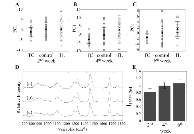 Figure 6. PCA score plots for PC1 of skin tissues obtained from control (■), TC (○)-,and  TL (△)-treated hamsters at 2 (A), 4 (B), and 6 (C) weeks