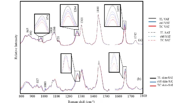 Figure 2. The adipose and skin spectra measured from 6 weeks old hamster iin control, Tc  and TL condition