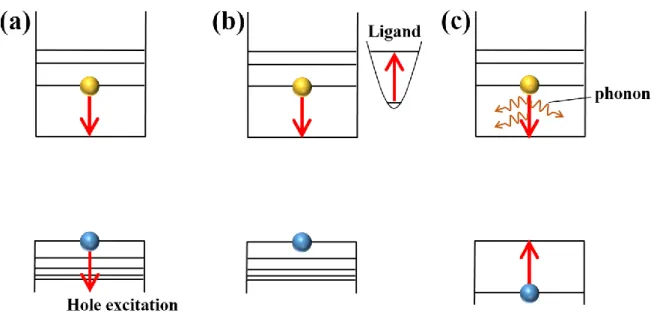 Figure 1.8 Schemes of hot electron relaxation in colloidal semiconductor nanocrystals via (a)  Auger  cooling  process,  (b)  energy  transfer  to  surface  ligands,  and  (c)  multiple  phonon  emission