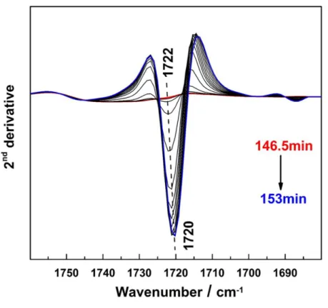 Figure 1-7: Second derivative spectra in C=O stretching band region of PHB during 146.5-153  min