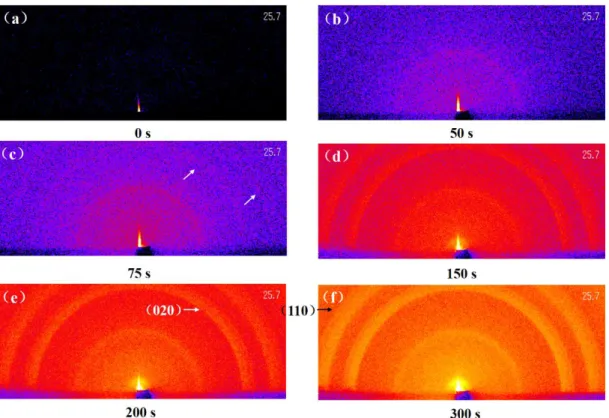 Figure  1-9:  Time-resolved  two-dimensional  GI-WAXD  patterns  of  PHB/chloroform  solution  during SEC at 0s (a), 50 s (b), 75 s (c), 150 s (d), 200 s (e) and 300 s (f)