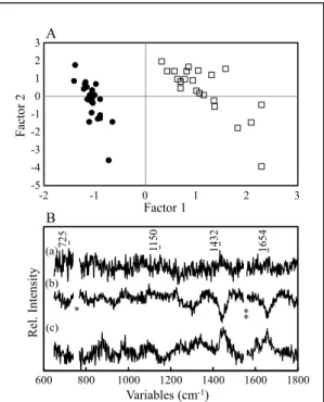 Fig. 2-5 A score plot (A) for factors 1 and 2 of  the  PLSR-DA  model  built  for  the  datasets  of  tumor tissue before ( ● ; n = 24) and after 5-FU  treatment  ( □ ;  n  =  22)