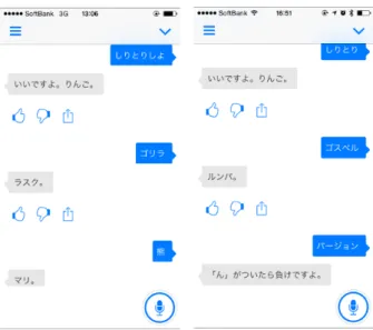 図 1: しりとりゲーム画面．各画像の左右の吹き出しは それぞれ，ユーザとシステムの発話を表す． 図 2: 新規ユーザの経過週ごとの平均発話数． Played と Non-played はそれぞれ，初日にしりとりゲームを 遊んだユーザと，遊ばなかったユーザを表す． 本研究では，新規ユーザと既存ユーザそれぞれにつ いてログの分析を行った．まず，新規ユーザに関するロ グの分析結果について述べる．図 2 は，新規ユーザの 経過週ごとの週間平均発話数を示している．Played と Non-played はそれぞれ，