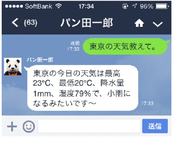 図 1: LINE パン田一郎の利用イメージ  表:  雑談データベースで 1 件も検索されなかった 場合の返答の１例  僕のボキャブラリー越えてしまいました…。  それって何ですか…？分からなくてごめんなさい …。別のお話でもよかったら、また話しかけてくだ さいね…。( /ェΘ。) .｡･ﾟ･    あ、あるある〜。それな〜。(ΘェΘ;) .。ｏO(話、合 わせられたかな…)  Σ(ΘェΘ;;)？？？ごめんなさい…。僕にはちょっと 難しいお話だったみたいです…。  (ΘェΘ).。ｏO(どうしよう、今の話、