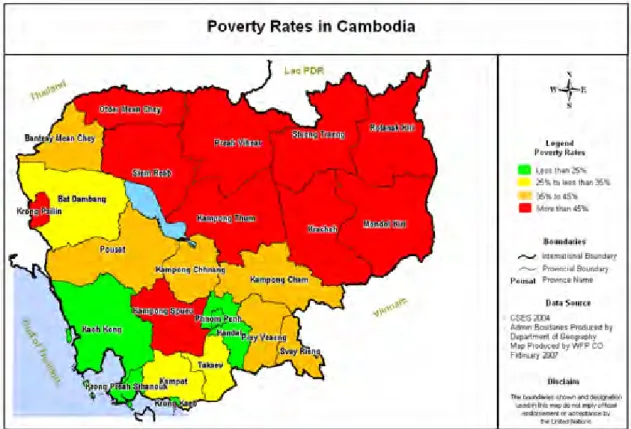 図 1-1：州別貧困者比率（2004 年）  表 1-4：州別貧困指標（2004 年）  (%)  コード 州 貧困者比率 貧困ギャップ 貧困重度 プノンペン  12 Phnom  Penh  4.60 1.23 0.49 平野部  03 Kampong  Cham  37.04 9.28 3.34 08 Kandal  22.24 4.81 1.68 14 Prey  Veng  37.20 8.09 2.65 20 Svay  Rieng  35.93 8.35 2.75 21 Takeo  27.71
