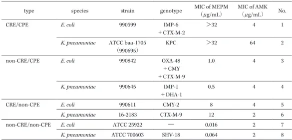 Table　1.　4 種類の E.  coli（990599，990842，990611，ATCC 25922）と 4 種類の K.  pneumoniae（ATCC baa- baa-1705，990645，16-2183，ATCC 700603）の MEPM と AMK に対する薬剤感受性