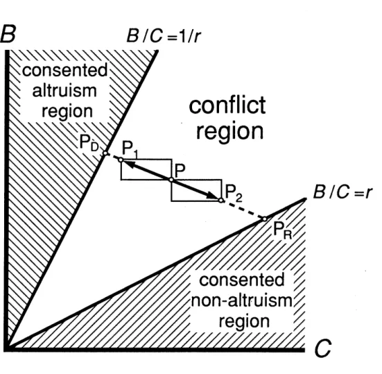 Fig. 1Three regions in $(C, B)$ -space with different implications for the evolution of an altruistic behavior of donor (D) toward recipient (R)