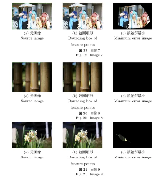 図 17 画像 5 Fig. 17 Image 5 (a) 元画像 Source iamge (b) 包囲矩形 Bounding box of feature points (c) 誤差が最小 Minimum error image