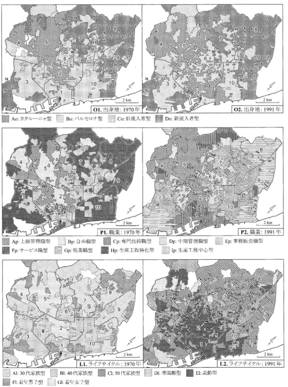 図  4  バ ル セ ロ ナ の 国 勢 調 査 区 別 人 口 に 関 す る ク ラ ス タ ー の 分 布(1970年/1991年).