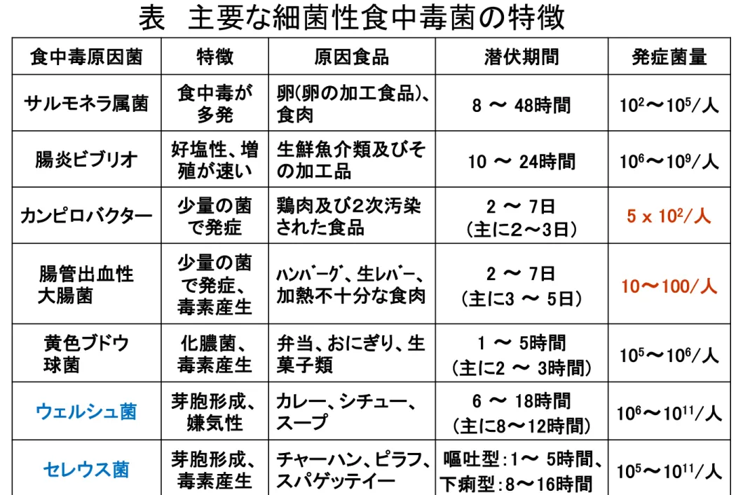 表 主要な細菌性食中毒菌の特徴 食中毒原因菌 特徴 原因食品 潜伏期間 発症菌量 サルモネラ属菌 食中毒が 多発 卵(卵の加工食品)、食肉 8  ～ 48時間 10 2 ～ 10 5 /人 腸炎ビブリオ 好塩性、増 殖が速い 生鮮魚介類及びその加工品 10  ～ 24時間 10 6 ～ 10 9 /人 カンピロバクター 少量の菌 で発症 鶏肉及び２次汚染された食品 2  ～ 7日 (主に２〜3日) 5 ｘ 10 2 /人 腸管出血性 大腸菌 少量の菌で発症、 毒素産生 ﾊﾝﾊﾞｰｸﾞ、生ﾚﾊﾞｰ、加熱不十分
