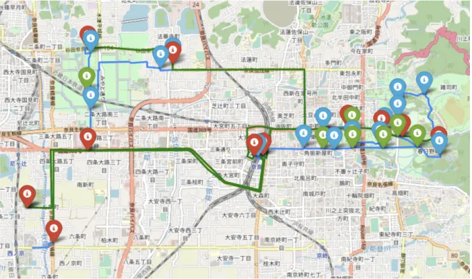 図 8: 地点と経路 どこを終点・始点として動画を撮影するのかの判断基 準が，撮影者によって異なってしまうため，交差点を始 点または終点とする動画は，開始位置や終了位置が統 一されないという問題が存在する．本実験では，撮影 終了後に目視で動画を確認することで，交差点前後の 動画間における差異を最小化した．しかしながら，す べての動画を目視で確認することは非常にコストが高 く，実際の運用を考慮した場合，望ましくない．そこ で，動画撮影時に撮影ルートをナビゲーションするア プリケーションを作成し，GPS を利用
