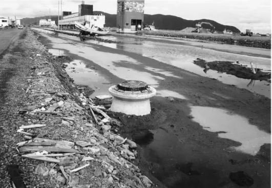 図 5　  宮城県石巻市魚町。石巻漁港の海岸に並行する道路にできたマンホールの浮き上がり。