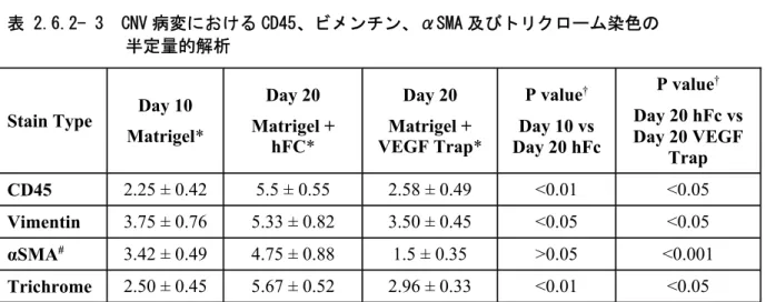 表 2.6.2- 3  CNV 病変における CD45、ビメンチン、αSMA 及びトリクローム染色の 半定量的解析