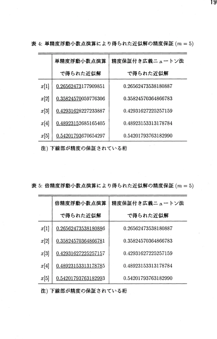 表 4: 単精度浮動小数点演算により得られた近似解の精度保証 $(m=5)$