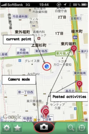 図 5: 投稿情報の表示 4. 投稿ボタンを押すことでサーバーへ情報をアップ ロードする． 5. 現在地に投稿した情報があることを示す pin が描 画される． 3.3 閲覧時の機能 モバイルアプリケーションでの情報の閲覧方法を説 明する閲覧時に利用できる機能については 3 つあり • 最新の投稿を閲覧する． • 現在地周辺の投稿を閲覧する • 地図上の好きな場所の投稿を閲覧する． • 自分によりコメントした投稿，他のユーザーによ りコメントされた投稿を閲覧する． • お気に入りに追加した投稿を閲覧する． 