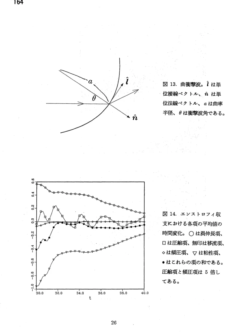 図 13. 曲衝撃波。 $\hat{l}$ は単 位接線ベクト $Js$ 、 允は単 位法線ベクトル、 $a$ は曲率 半径、 $\theta$ は衝撃波角である。 図 $14$ 