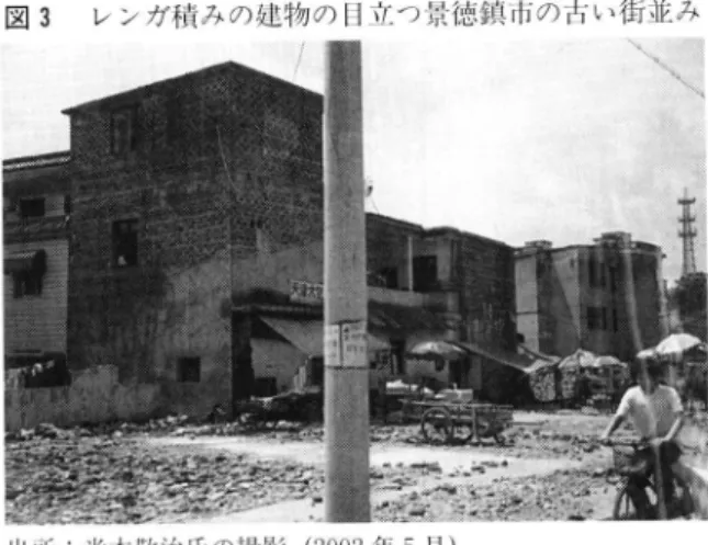 図 3  レンガ積 みの建物の 日立つ景徳鎮市の古 い街並 み ‖ l所 :米 本敬治氏の撮影 (2002年 5月 ) が 多 く ,瓦 屋根 の家 も今 に も崩れ落 ちそ うな重ね方で あ る (図 3)。 幸 い ,こ の 地 方 は地震 が ほ とん どな く ,60年 前 に建 て られ た家 もあ る とい う。 龍 珠 閣 の最 上 階 (5階 )は 展望 台 にな って いて ,眺 望 が 素晴 ら しい。 四方 八 方 か ら市 内 を見下 ろす と ,新 旧の アパ ー トな どがモザ 