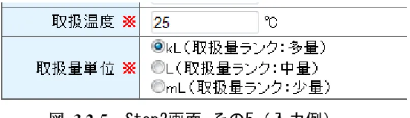 図  3.2-5   Step2画面-その5（入力例）  ⑥許容濃度範囲  許容濃度範囲を選択する。 「不明または指定無し」以外を選択した場合は、選択内容を加味し た有害性ランク判定が行われる。  許容濃度とは、労働現場で労働者がばく露されても、空気中濃度がこの数値以下であれば、 ほとんどすべての労働者に健康上の悪影響がみられないと判断される濃度であり、日本では日 本産業衛生学会が勧告値を発表している。  3.3  リスクアセスメント Step3  リスクアセスメント結果の概要が出力される（図  3.3-1